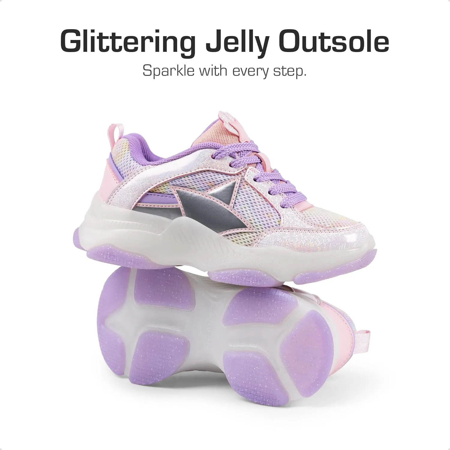 DREAM PAIRS Girls Sneakers Lace up Lightweight Sparkle StarGlow Breathable Jelly Sole Kids Walking Shoes Casual Sports