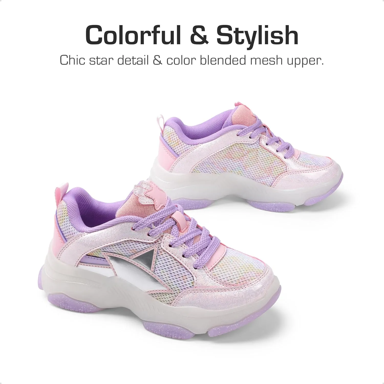 DREAM PAIRS Girls Sneakers Lace up Lightweight Sparkle StarGlow Breathable Jelly Sole Kids Walking Shoes Casual Sports