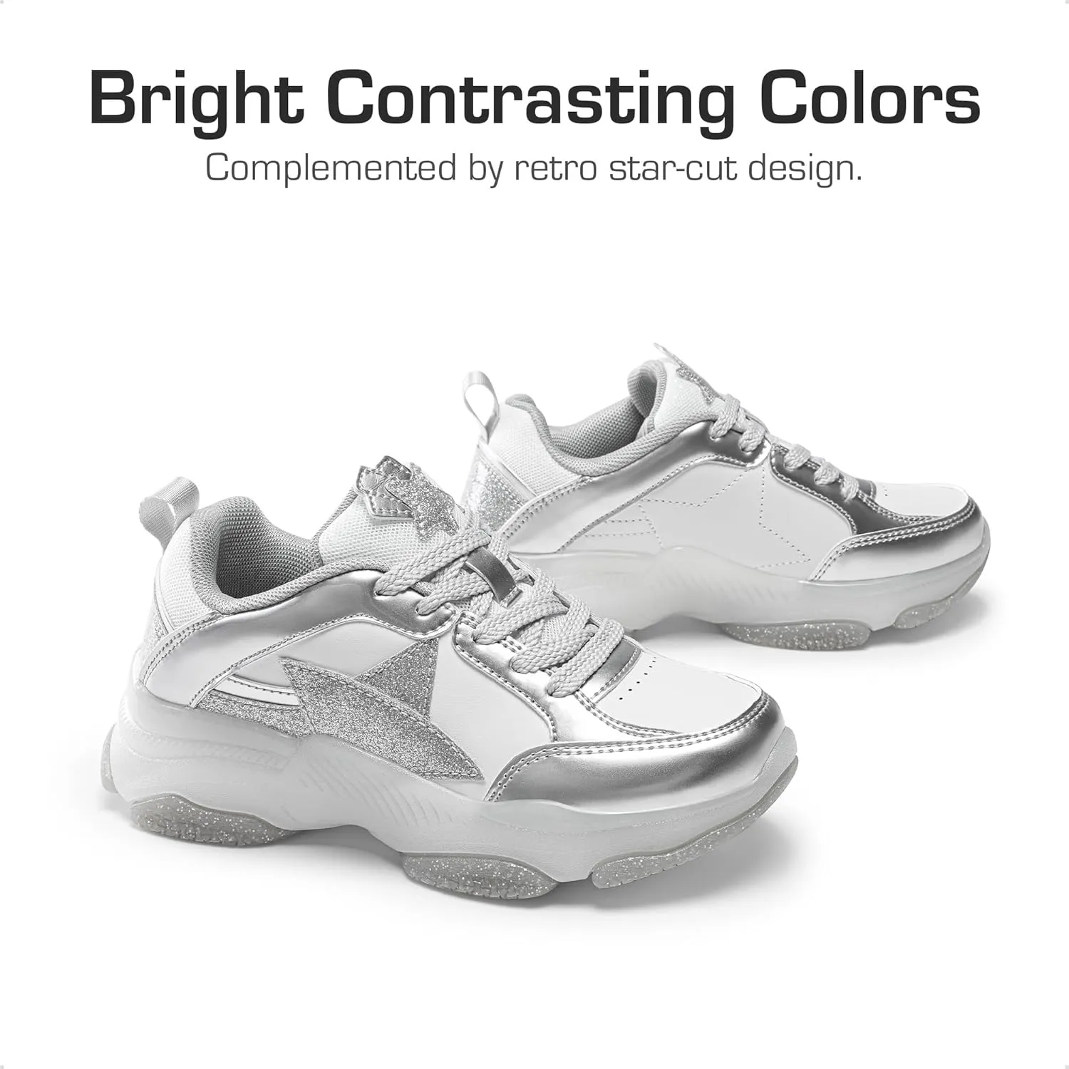 DREAM PAIRS Girls Sneakers Lace up Lightweight Sparkle StarGlow Breathable Jelly Sole Kids Walking Shoes Casual Sports