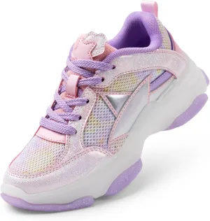 DREAM PAIRS Girls Sneakers Lace up Lightweight Sparkle StarGlow Breathable Jelly Sole Kids Walking Shoes Casual Sports