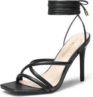 DREAM PAIRS Heels for Women Strappy High Stiletto Lace Up Heeled Sandals Square Open Toe Heels for Prom Party Dating