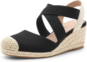 DREAM PAIRS Womens Close Toe Espadrilles Platform Slip on Elastic Criss Cross Straps Dressy Wedges Sandals