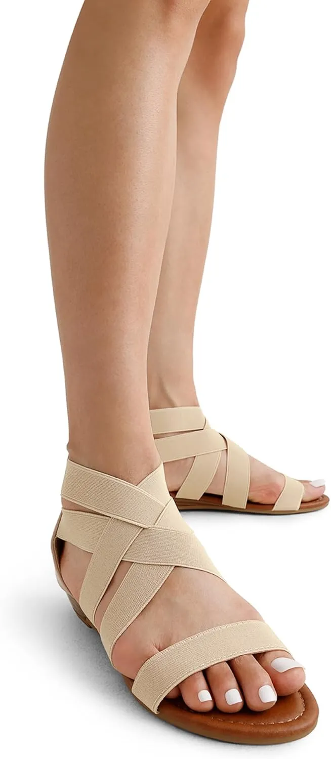 DREAM PAIRS Women's Elastic Ankle Strap Low Wedges Sandals