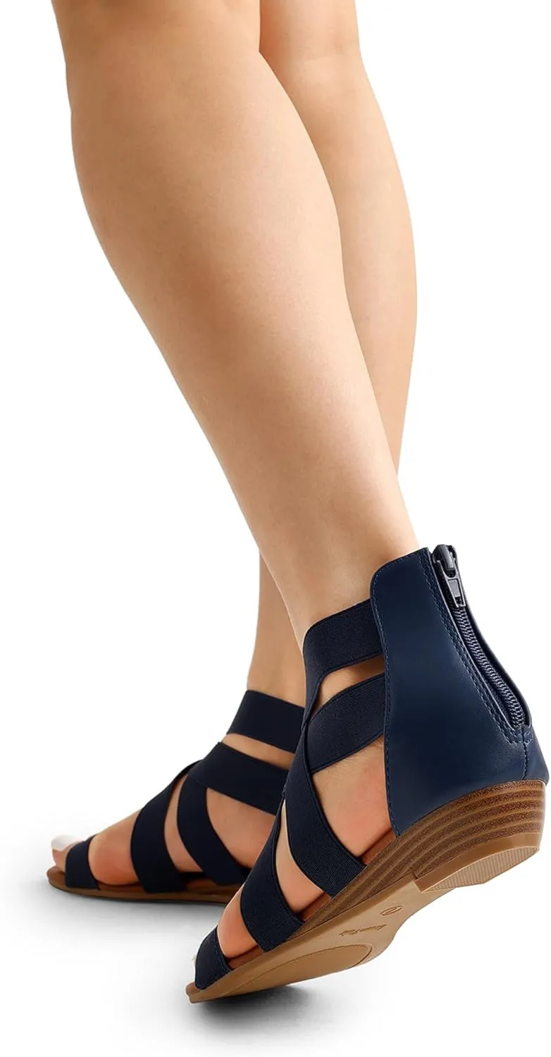 DREAM PAIRS Women's Elastic Ankle Strap Low Wedges Sandals