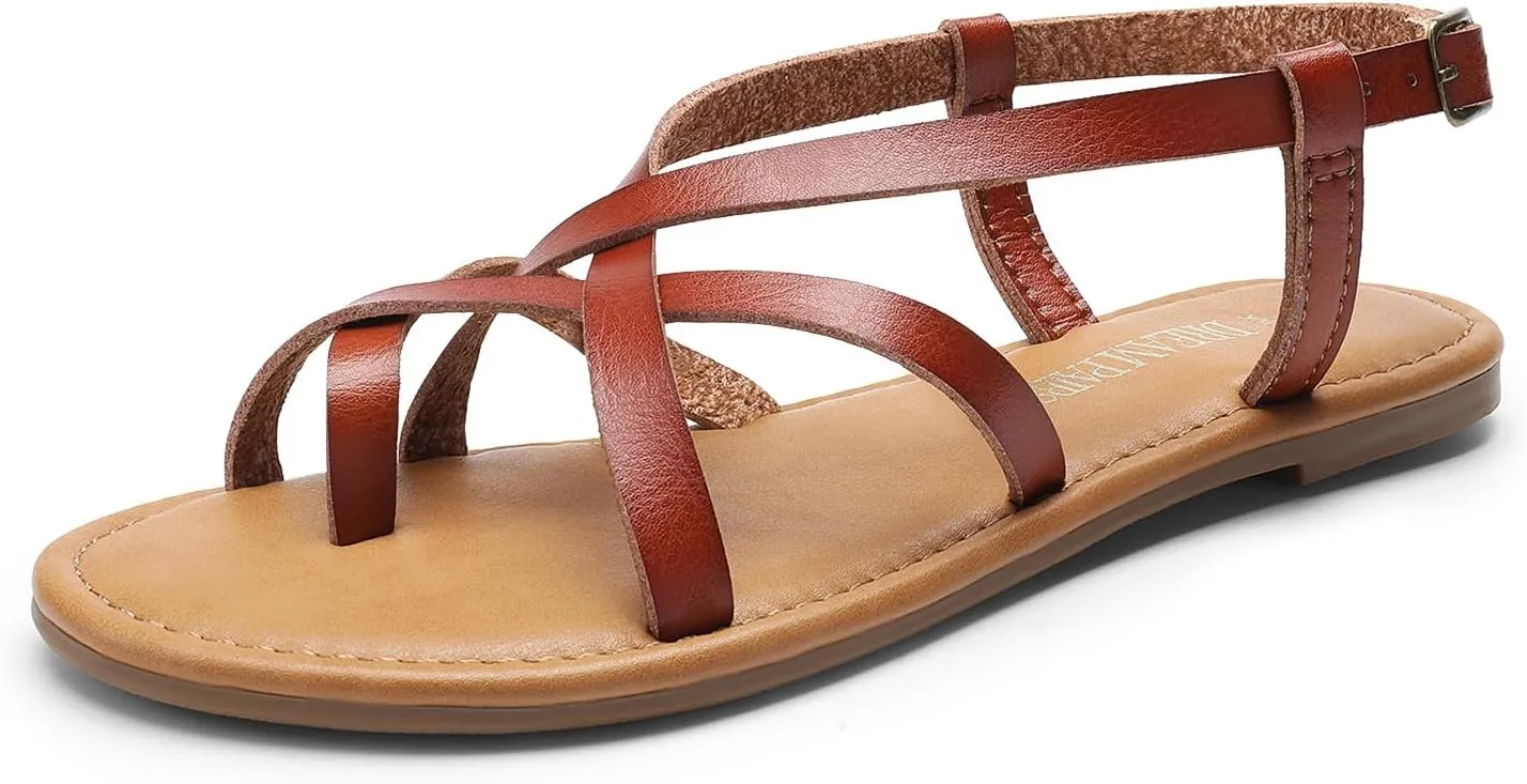 DREAM PAIRS Women's Flat Sandals Strappy Dressy Comfortable Ankle Strap Casual Summer Thong Sandals for Beach