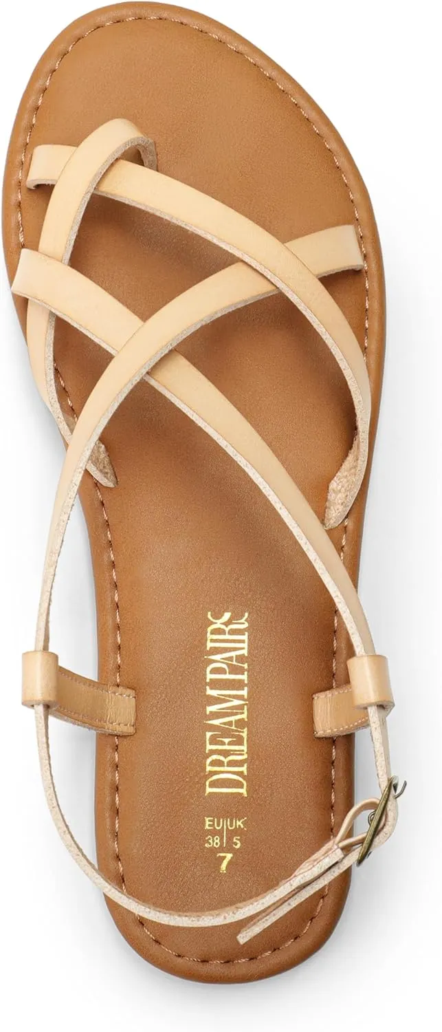DREAM PAIRS Women's Flat Sandals Strappy Dressy Comfortable Ankle Strap Casual Summer Thong Sandals for Beach