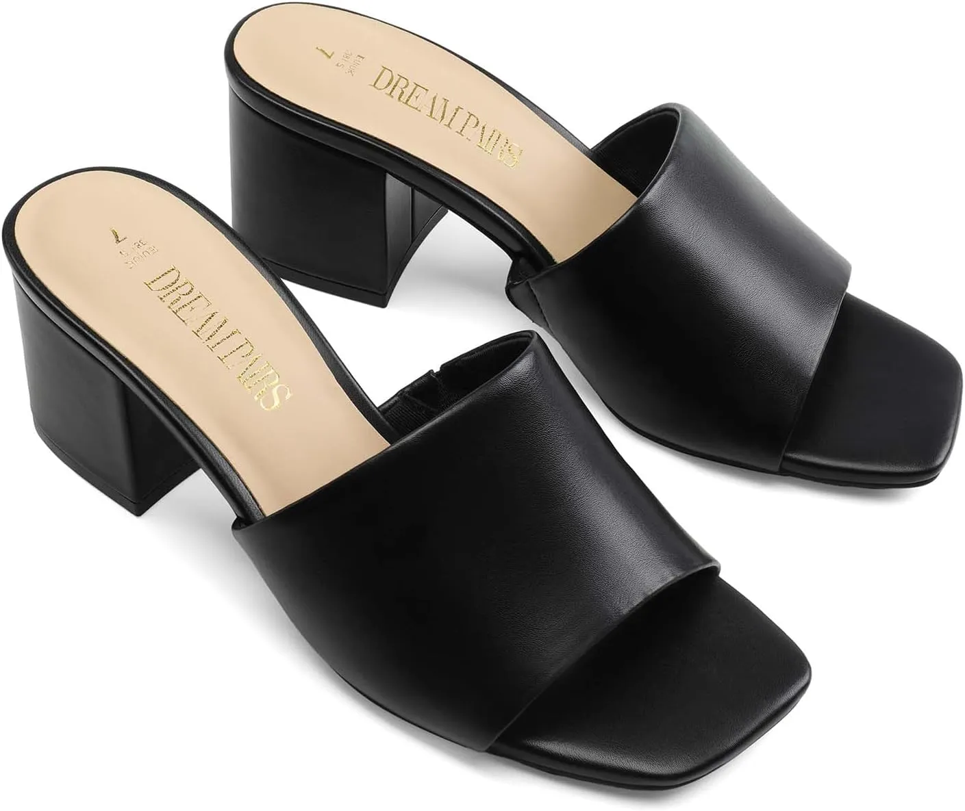 DREAM PAIRS Women's Square Open Toe Heels Sandals Low Block Chunky Heeled Sandals Slide Sandals Slip on Comfortable Casual Pumps Shoes