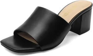 DREAM PAIRS Women's Square Open Toe Heels Sandals Low Block Chunky Heeled Sandals Slide Sandals Slip on Comfortable Casual Pumps Shoes