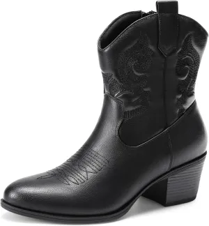 DREAM PAIRS Women's Western Cowboy Cowgirl Embroidered Ankle Boots Fashion Low chunky Heel Round Toe Fall Short Booties Shoes