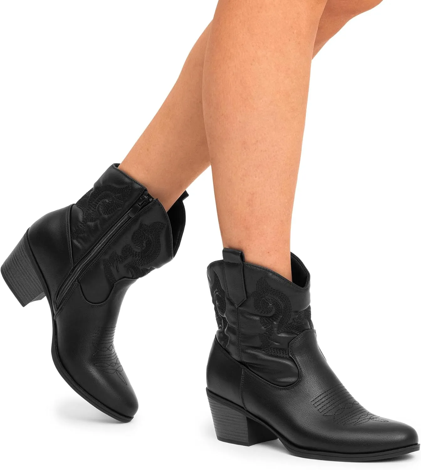 DREAM PAIRS Women's Western Cowboy Cowgirl Embroidered Ankle Boots Fashion Low chunky Heel Round Toe Fall Short Booties Shoes