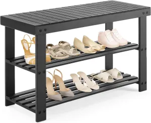 DUMOS Shoe Rack Bench, 3-Tier Bamboo Entryway Benches, Holds Up to 286 lb Storage Organizer, 11.3 x 27.6 x 17.8 Inches, Suitable for Bedroom Living Room Balcony, Black