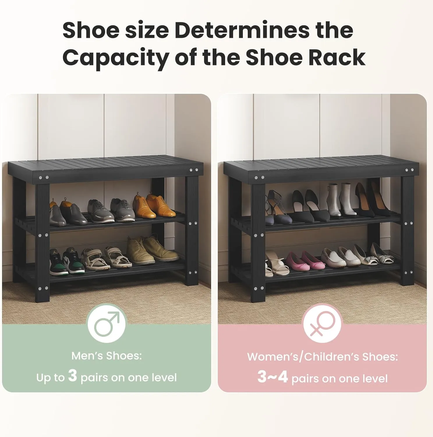 DUMOS Shoe Rack Bench, 3-Tier Bamboo Entryway Benches, Holds Up to 286 lb Storage Organizer, 11.3 x 27.6 x 17.8 Inches, Suitable for Bedroom Living Room Balcony, Black