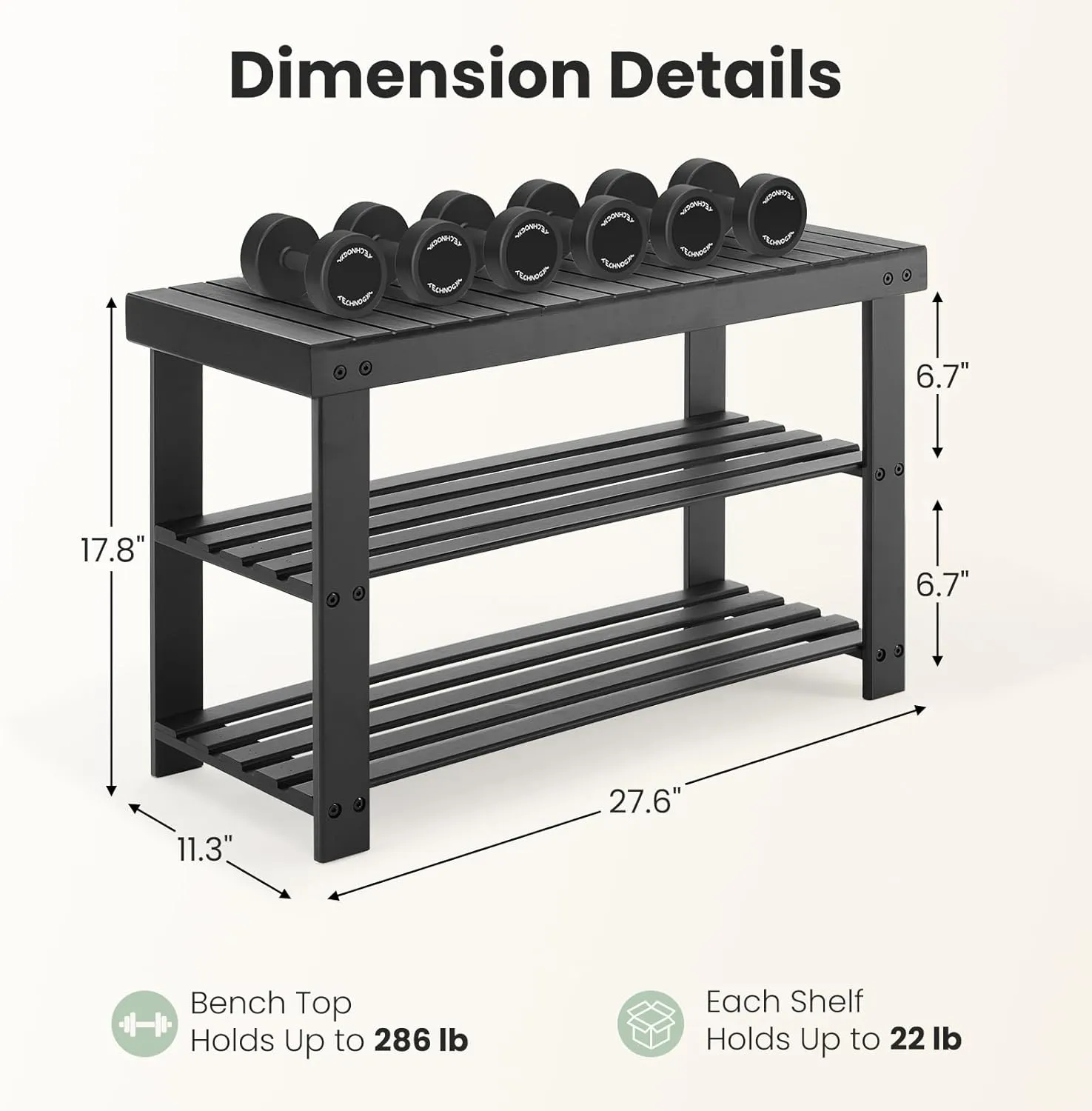 DUMOS Shoe Rack Bench, 3-Tier Bamboo Entryway Benches, Holds Up to 286 lb Storage Organizer, 11.3 x 27.6 x 17.8 Inches, Suitable for Bedroom Living Room Balcony, Black