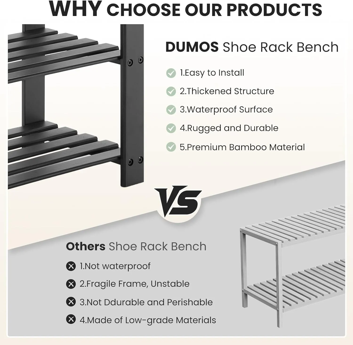 DUMOS Shoe Rack Bench, 3-Tier Bamboo Entryway Benches, Holds Up to 286 lb Storage Organizer, 11.3 x 27.6 x 17.8 Inches, Suitable for Bedroom Living Room Balcony, Black