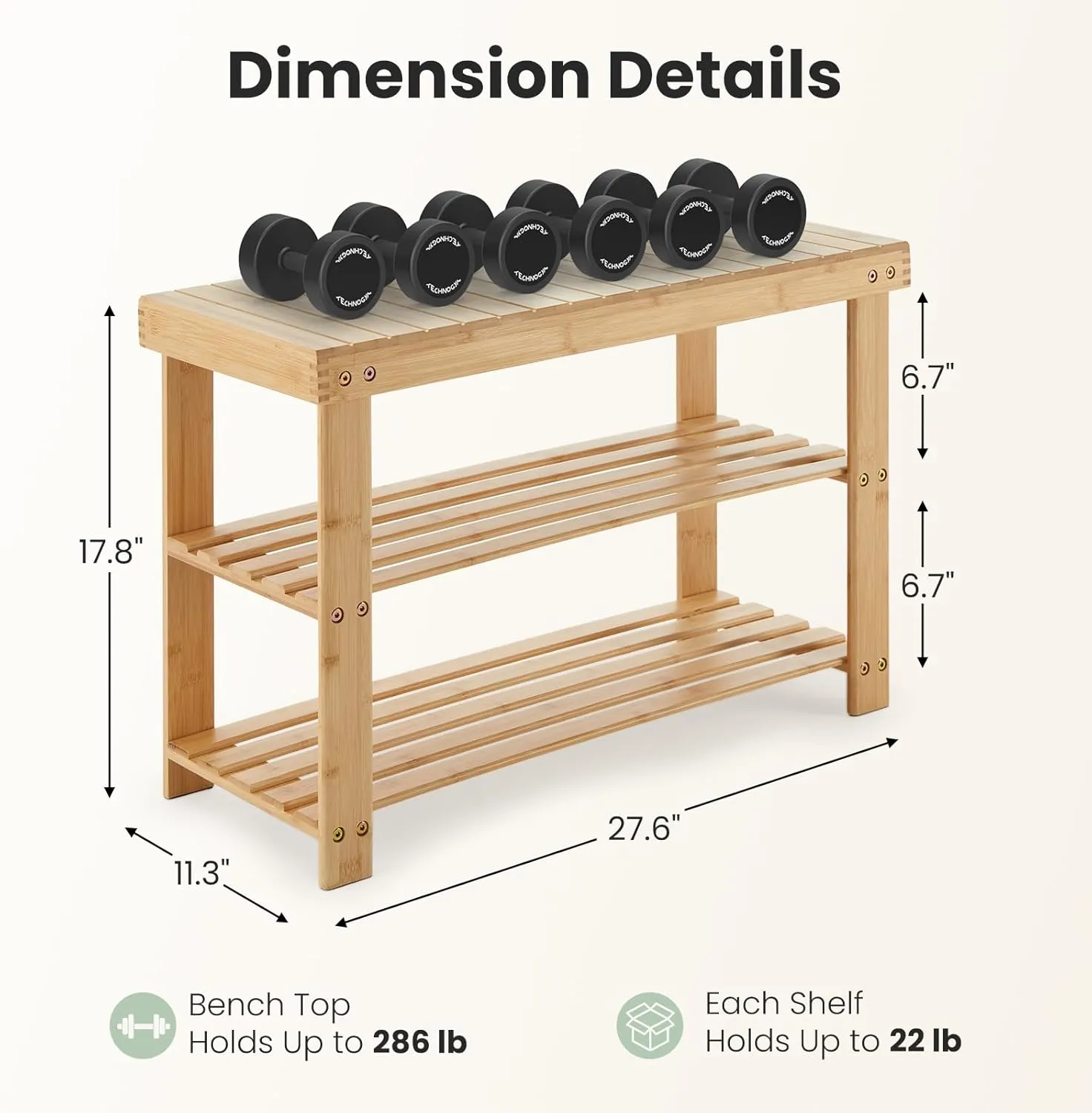 DUMOS Shoe Rack Bench, 3-Tier Bamboo Entryway Benches, Holds Up to 286 lb Storage Organizer, 11.3 x 27.6 x 17.8 Inches, Suitable for Bedroom Living Room Balcony, Wood