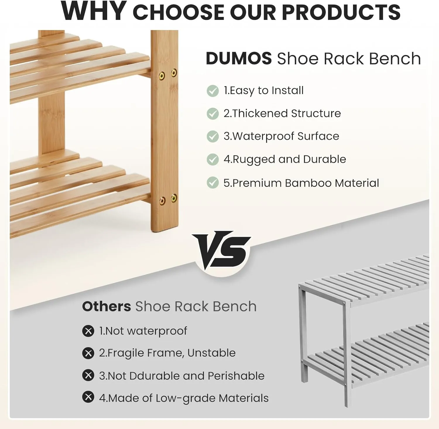 DUMOS Shoe Rack Bench, 3-Tier Bamboo Entryway Benches, Holds Up to 286 lb Storage Organizer, 11.3 x 27.6 x 17.8 Inches, Suitable for Bedroom Living Room Balcony, Wood