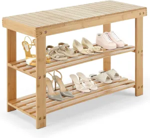 DUMOS Shoe Rack Bench, 3-Tier Bamboo Entryway Benches, Holds Up to 286 lb Storage Organizer, 11.3 x 27.6 x 17.8 Inches, Suitable for Bedroom Living Room Balcony, Wood
