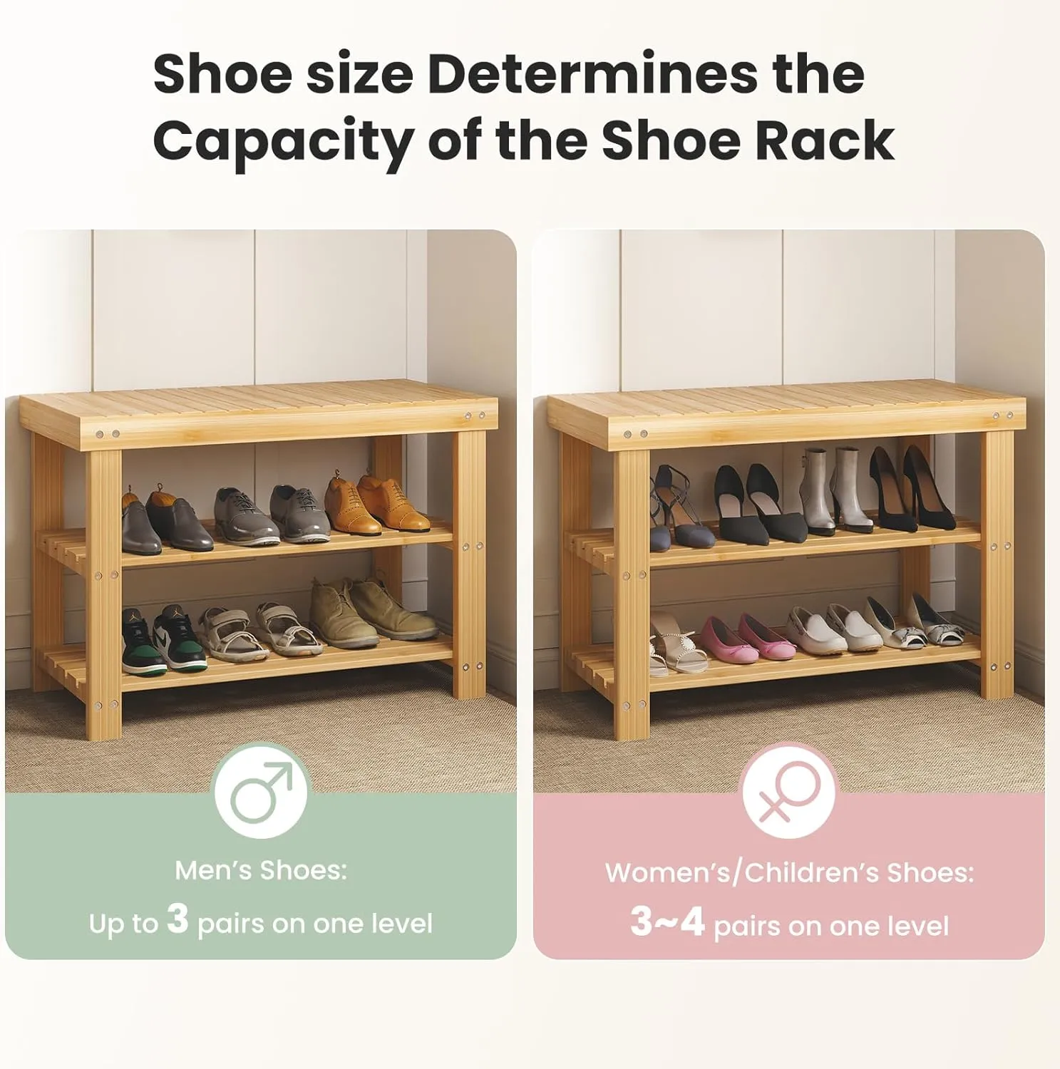 DUMOS Shoe Rack Bench, 3-Tier Bamboo Entryway Benches, Holds Up to 286 lb Storage Organizer, 11.3 x 27.6 x 17.8 Inches, Suitable for Bedroom Living Room Balcony, Wood