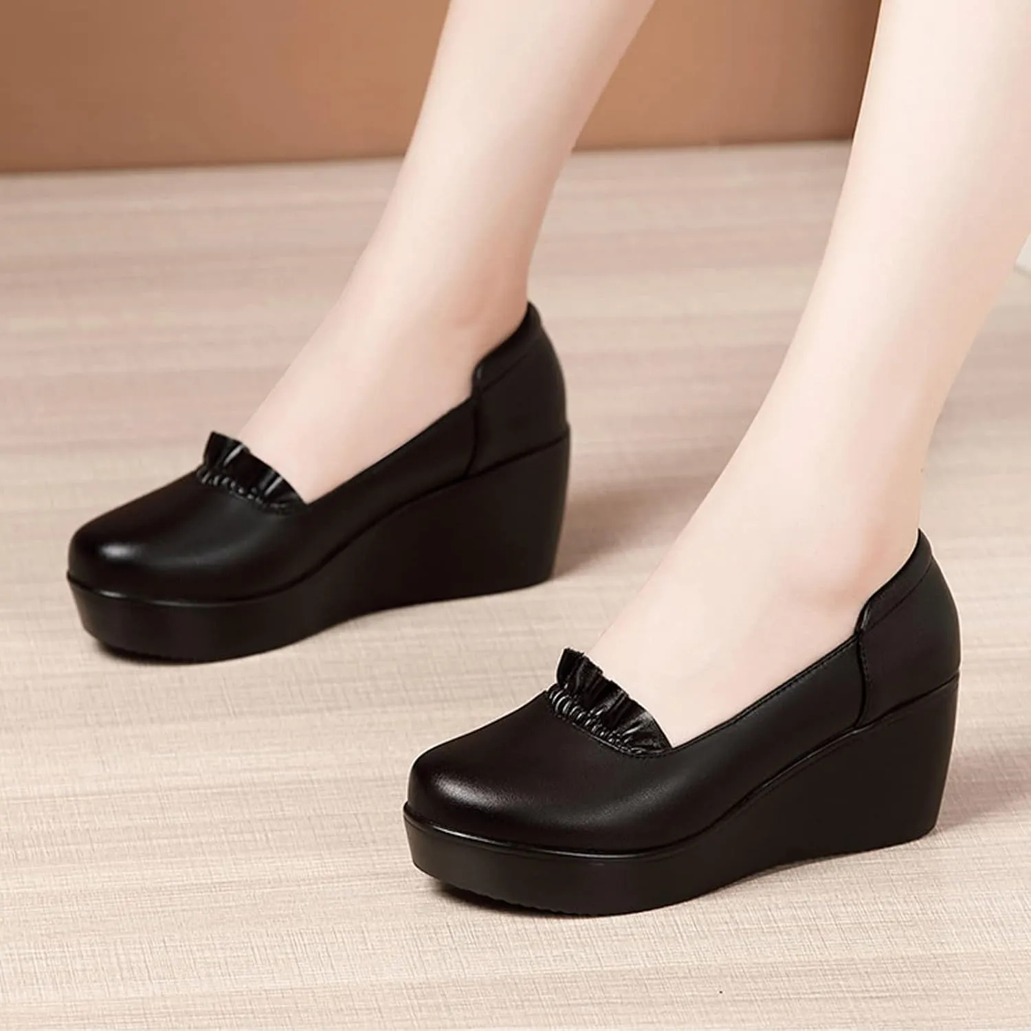 EFTCAL Women's Wedges Platform Ruffles Pump Shoes MId Heel Wedge Slip On Loafers,Lightweight Comfortable Walking Shoes,Casual Breathable Platform Penny Shoes