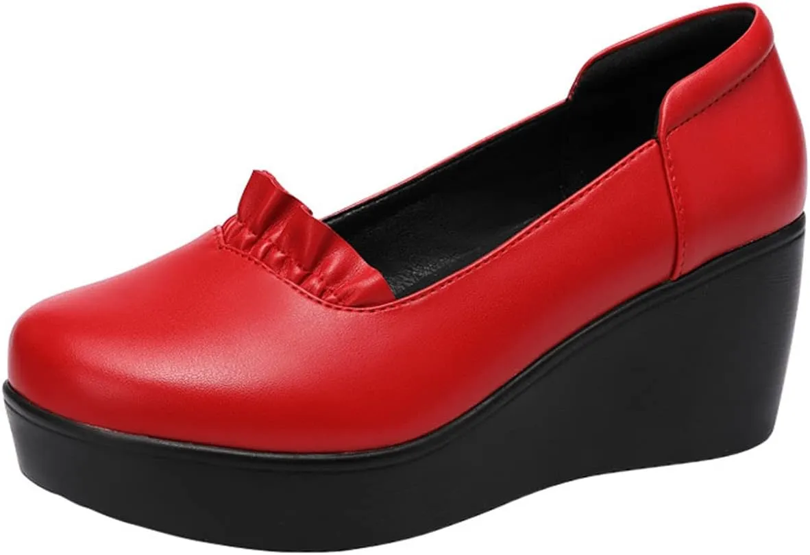 EFTCAL Women's Wedges Platform Ruffles Pump Shoes MId Heel Wedge Slip On Loafers,Lightweight Comfortable Walking Shoes,Casual Breathable Platform Penny Shoes
