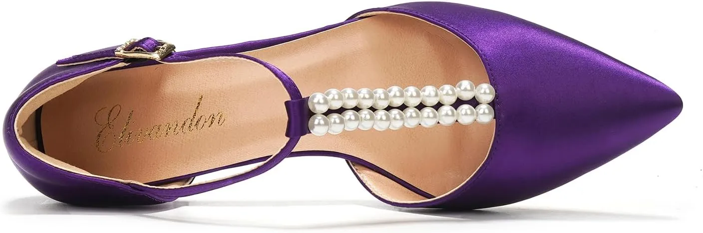 Elivandon J1587 Women's Satin Pointed Toe Mid-Heel Evening Sandals 2.36 inches Block Heel Bridal Party Wedding Pumps with Double Pearl T-Strap