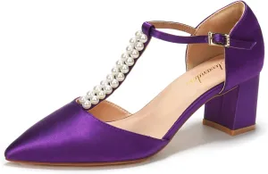 Elivandon J1587 Women's Satin Pointed Toe Mid-Heel Evening Sandals 2.36 inches Block Heel Bridal Party Wedding Pumps with Double Pearl T-Strap