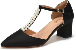 Elivandon J1587 Women's Satin Pointed Toe Mid-Heel Evening Sandals 2.36 inches Block Heel Bridal Party Wedding Pumps with Double Pearl T-Strap