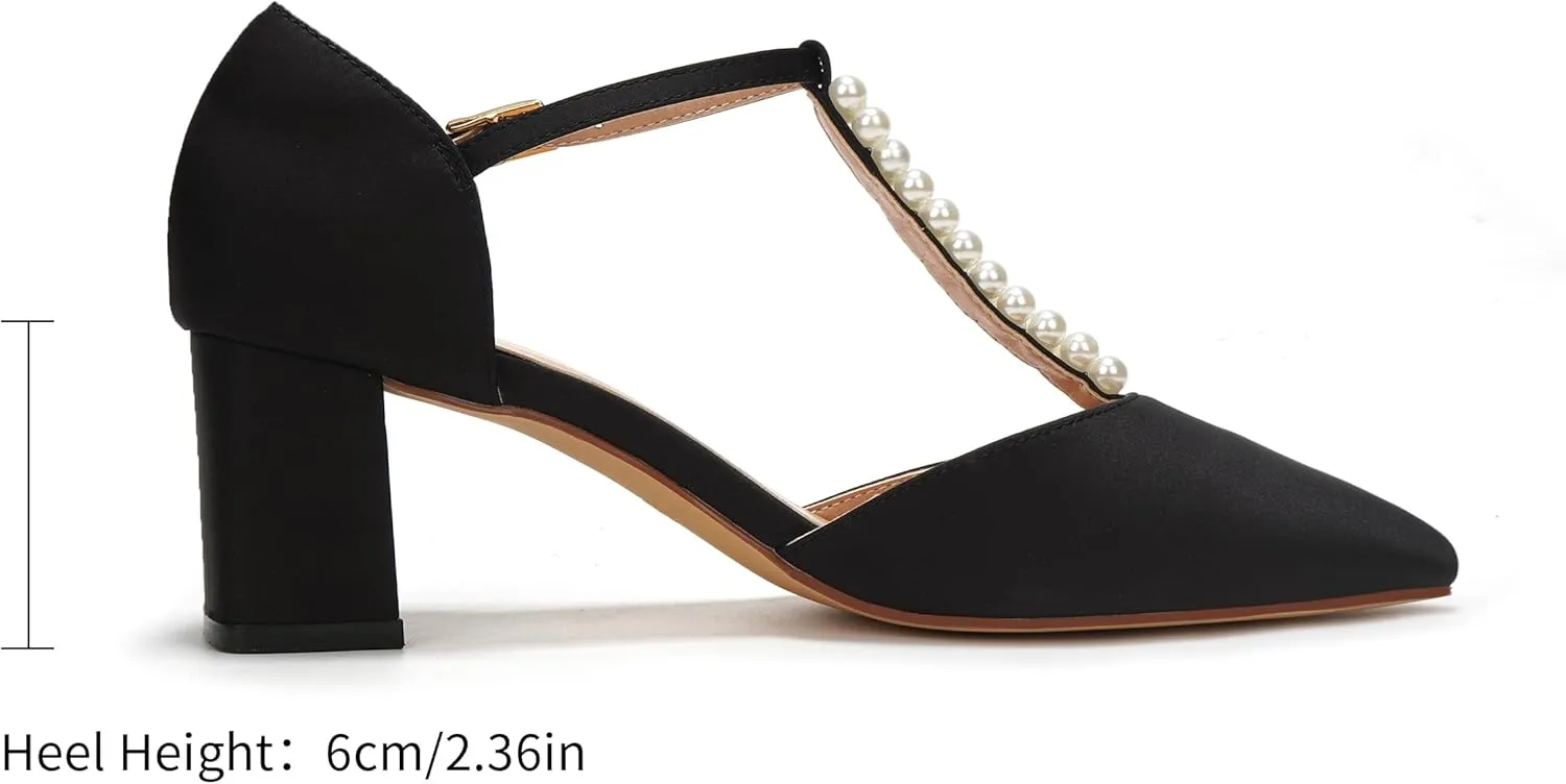 Elivandon J1587 Women's Satin Pointed Toe Mid-Heel Evening Sandals 2.36 inches Block Heel Bridal Party Wedding Pumps with Double Pearl T-Strap