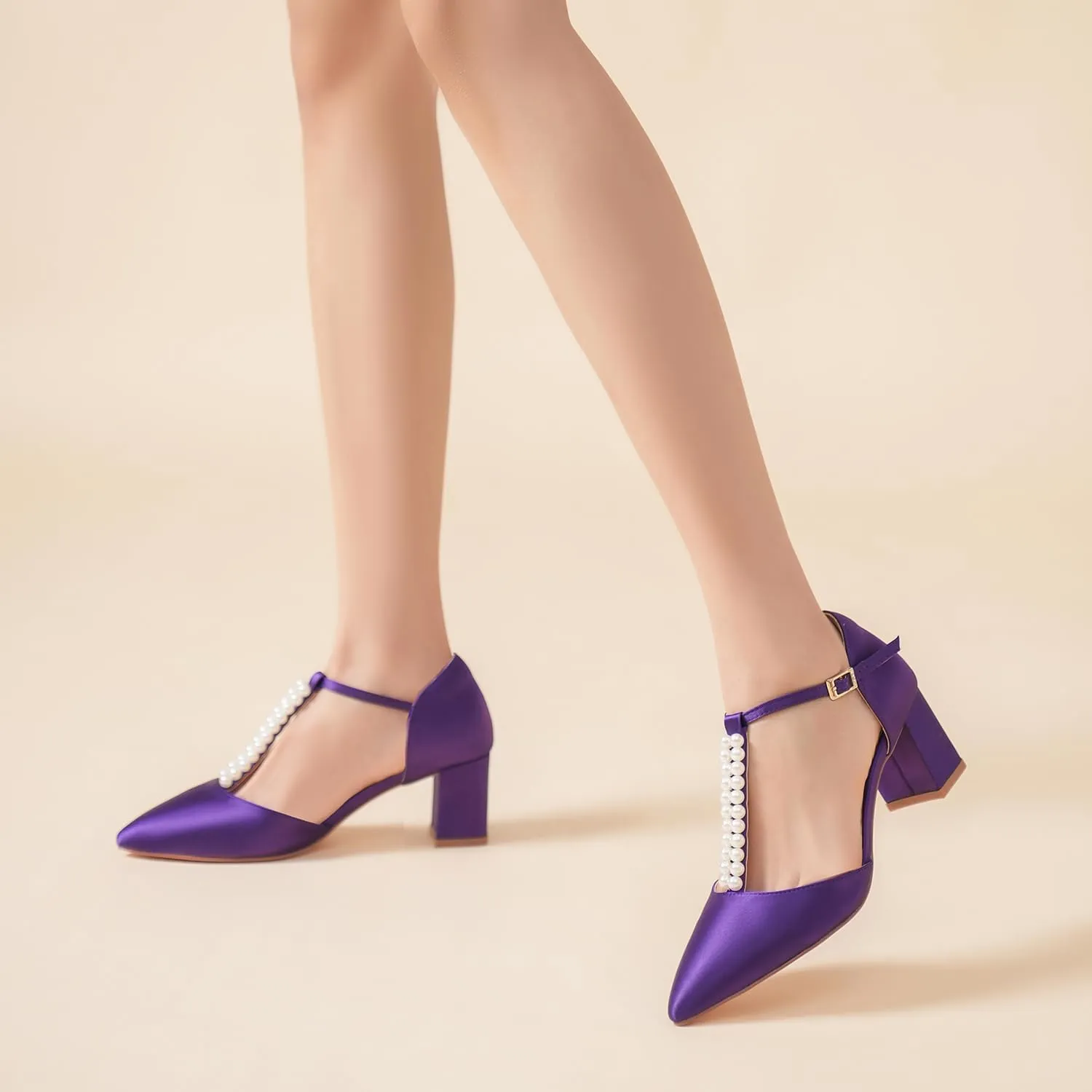 Elivandon J1587 Women's Satin Pointed Toe Mid-Heel Evening Sandals 2.36 inches Block Heel Bridal Party Wedding Pumps with Double Pearl T-Strap
