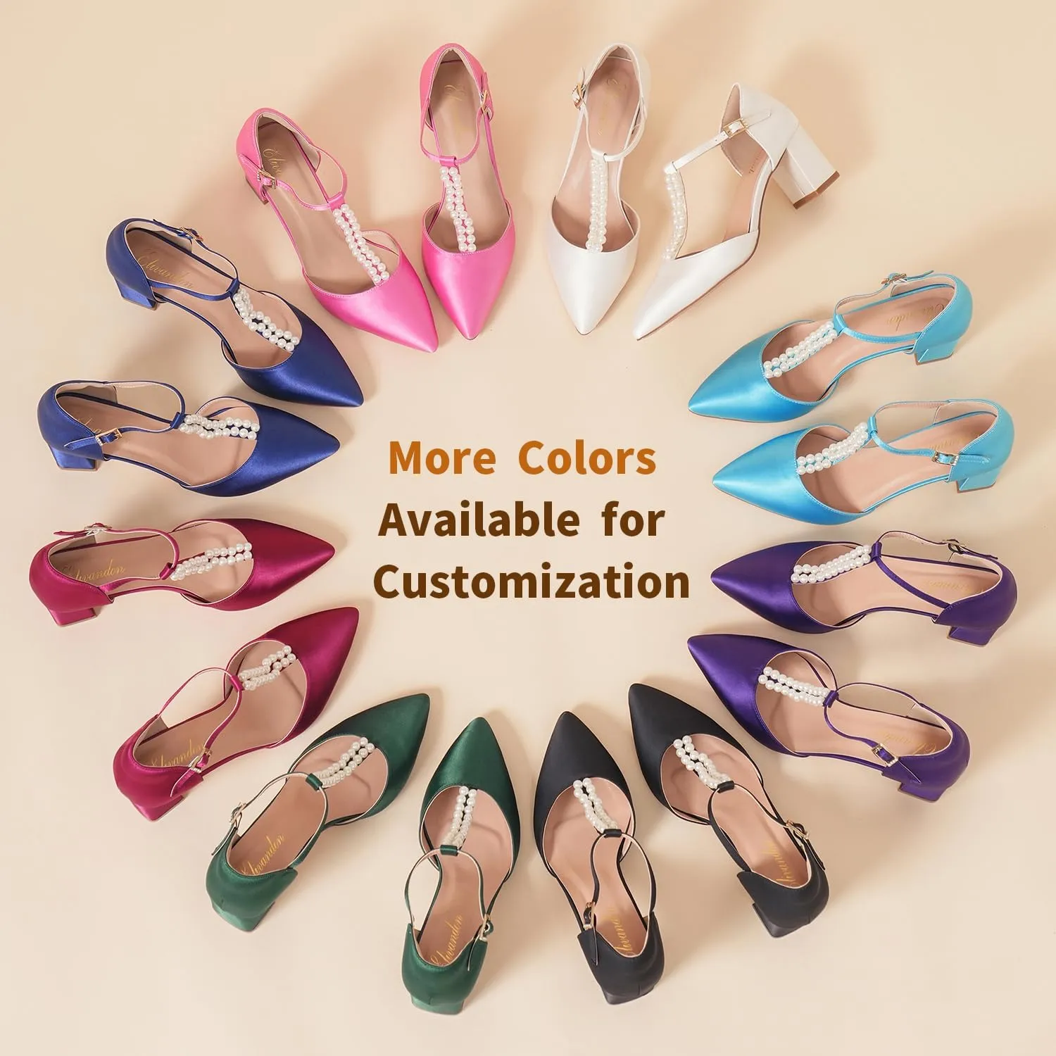 Elivandon J1587 Women's Satin Pointed Toe Mid-Heel Evening Sandals 2.36 inches Block Heel Bridal Party Wedding Pumps with Double Pearl T-Strap