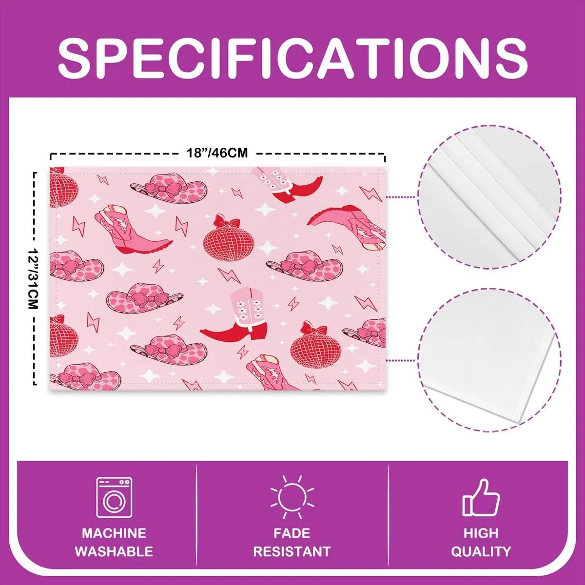 Erosebridal Cowgirl Place Mat 12x18 Boots Hats Placemats Set of 4 for Girls Women Bowknots Dreamy Glitter Perfume Lightning Pink Red Heat Resisting Table Mats