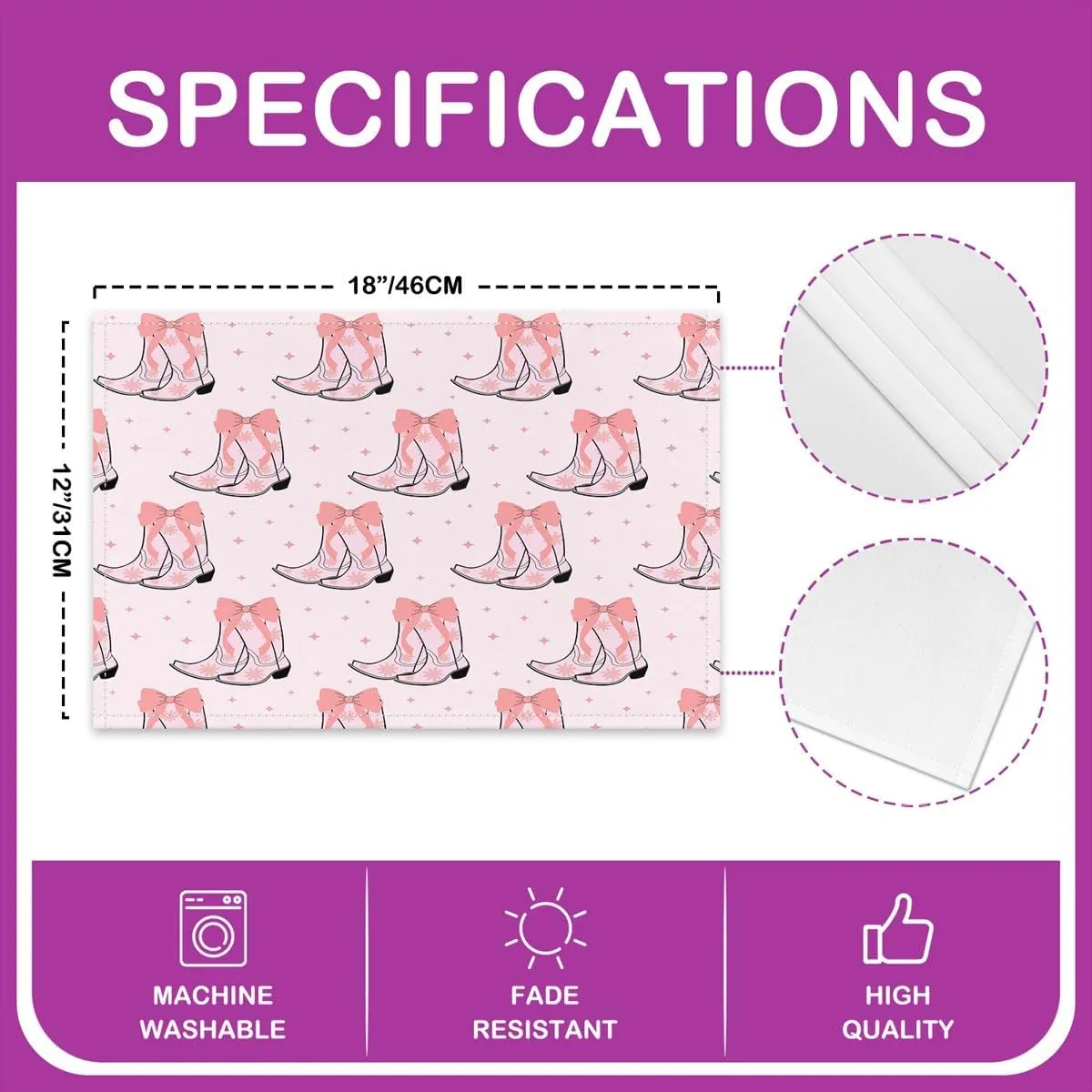Erosebridal Cowgirl Placemats Set of 4 12x18 Boots Bowknots Place Mat for Girls Women Dreamy Glitter Snow Kawaiin Pink Black Heat Resisting Table Mats