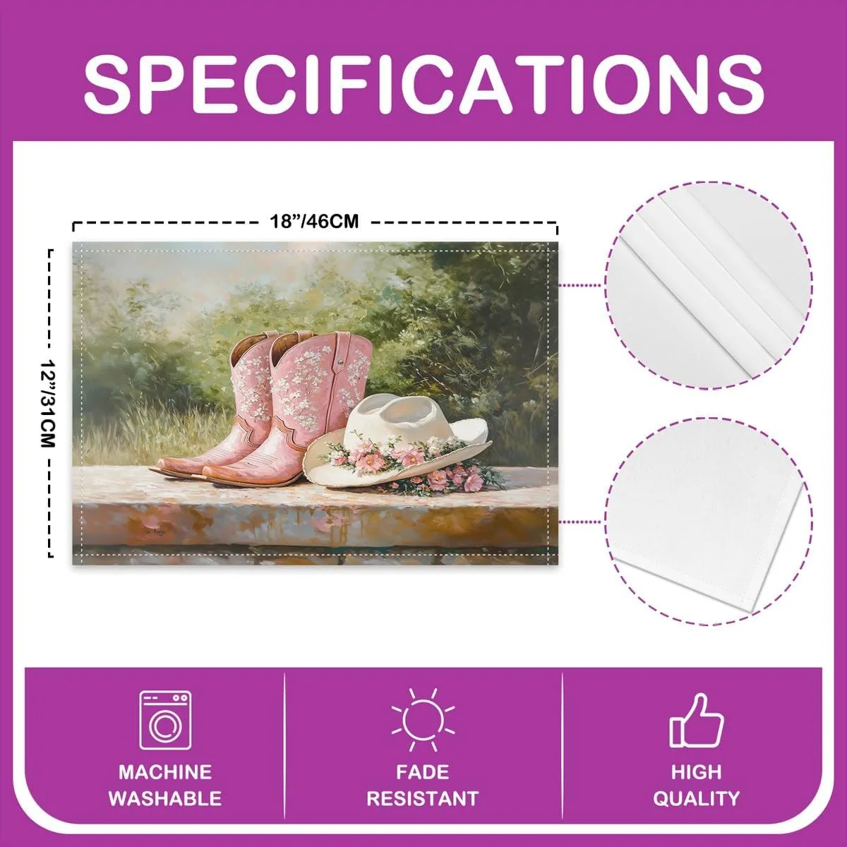 Erosebridal Cowgirl Placemats Set of 4 12x18 Floral Hats Place Mat for Girls Women Boots Dreamy Canvas Woodland Pink Green Heat Resisting Table Mats