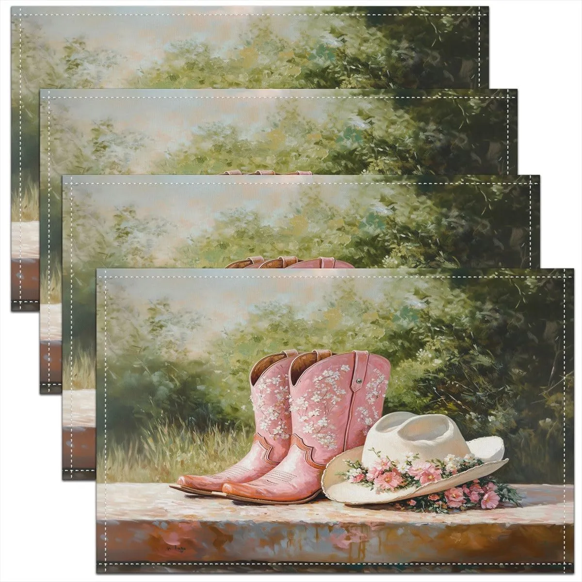 Erosebridal Cowgirl Placemats Set of 4 12x18 Floral Hats Place Mat for Girls Women Boots Dreamy Canvas Woodland Pink Green Heat Resisting Table Mats