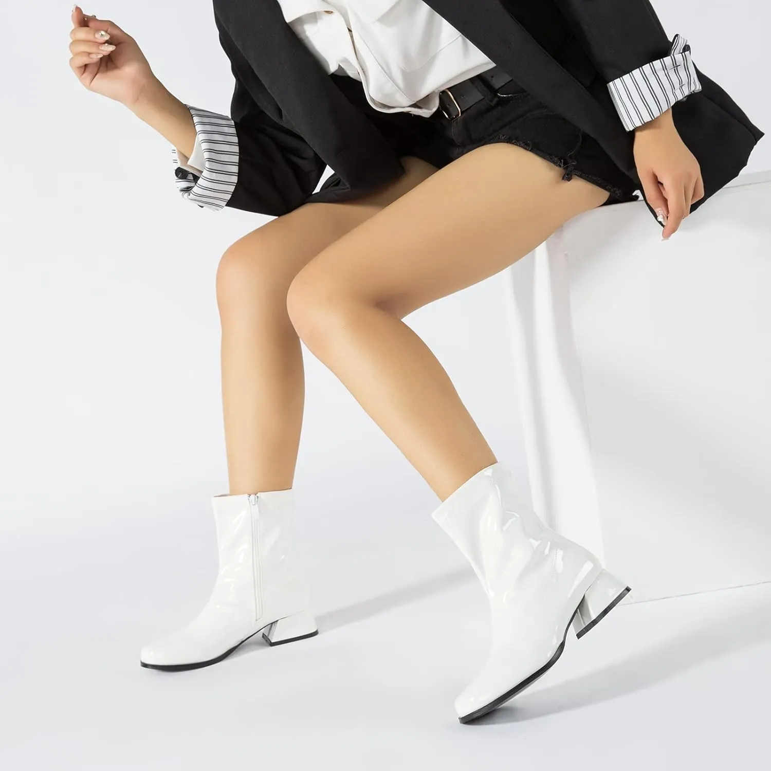 fereshte Gogo Boots For Women's Mid Calf Chunky Block Heel Zipper