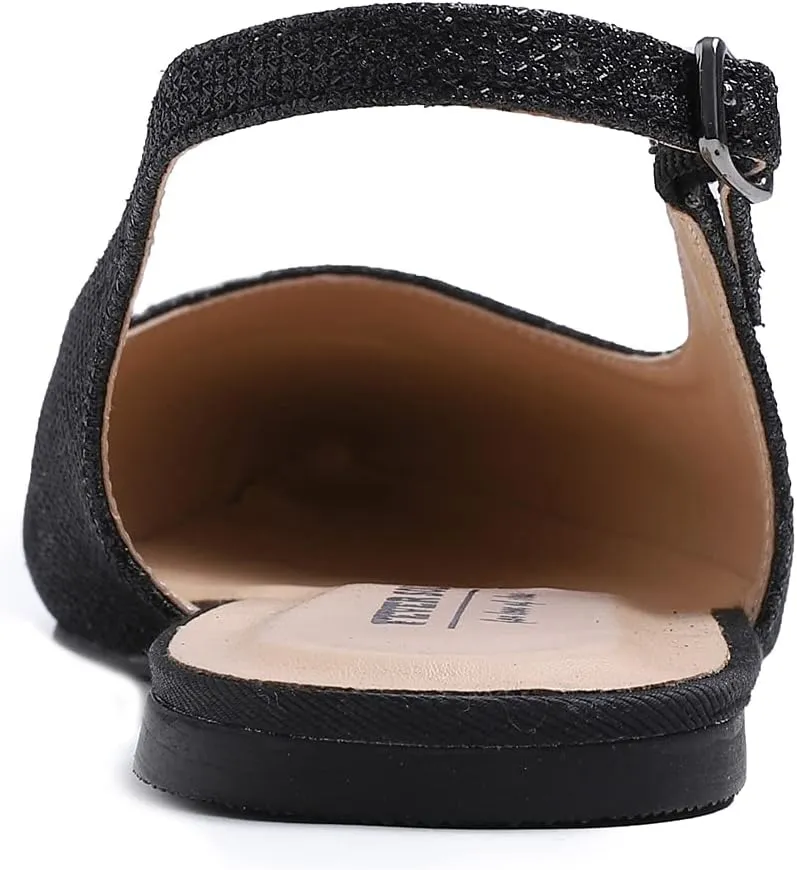 FEVERSOLE Pointed Toe Casual Slingback Flat Mules Women's Fashion Buckle Strap Slide Summer Slippers