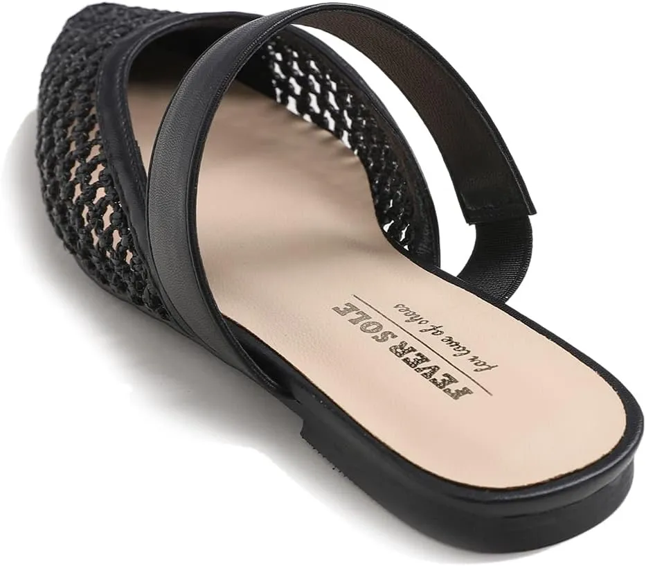 FEVERSOLE Pointed Toe Casual Slingback Flat Mules Women's Fashion Buckle Strap Slide Summer Slippers
