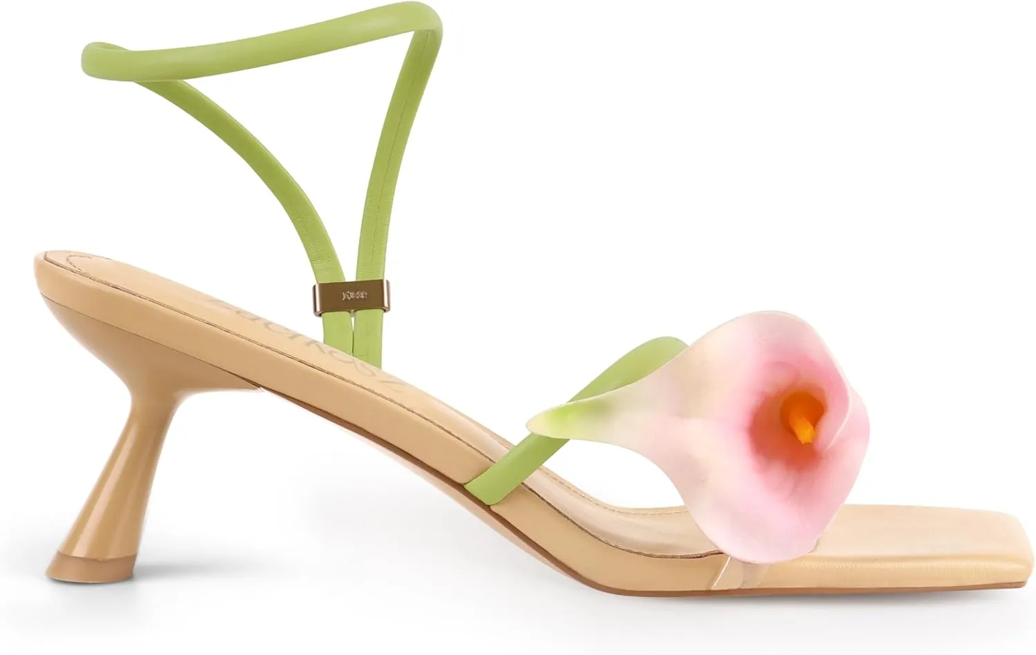 Flower Kitten Heels for Women Calla Lily Square Open Toe Floral Strappy Low Kitty Heeled Sandals Dressy Wedding Shoes
