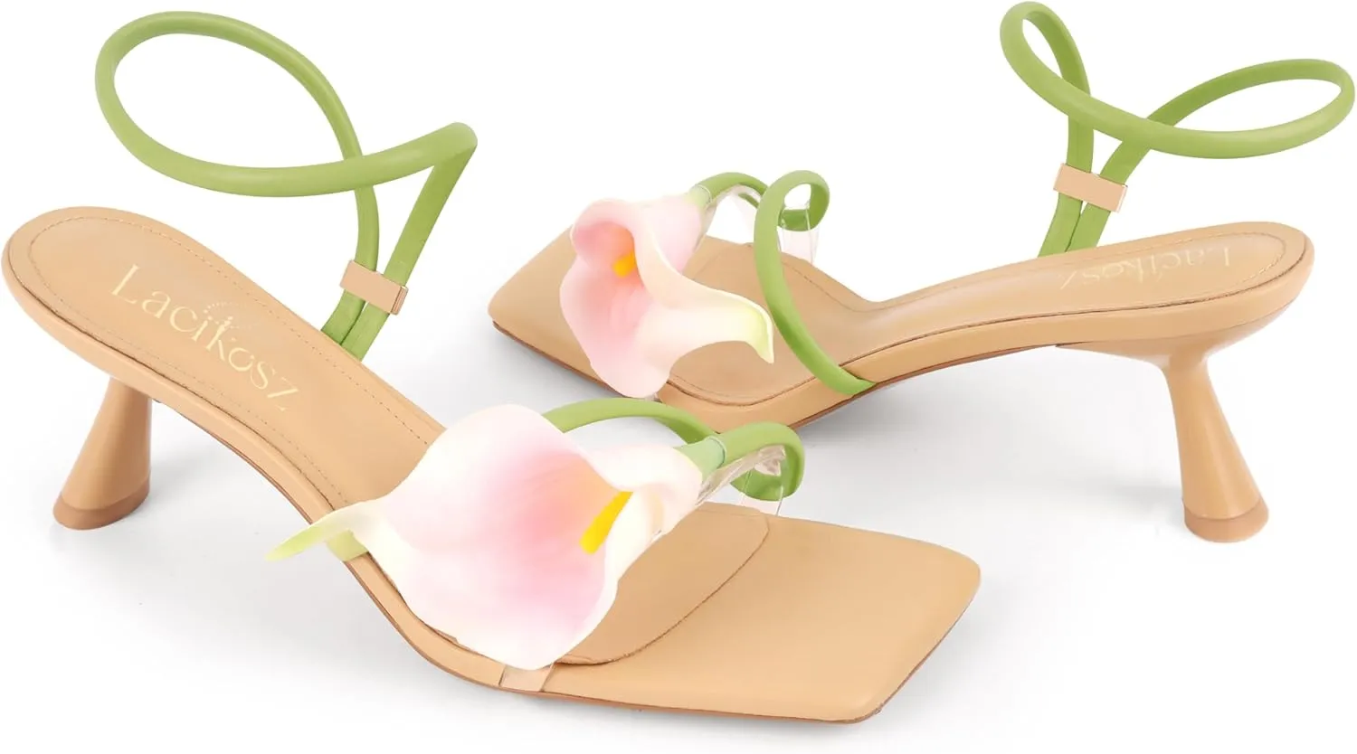 Flower Kitten Heels for Women Calla Lily Square Open Toe Floral Strappy Low Kitty Heeled Sandals Dressy Wedding Shoes
