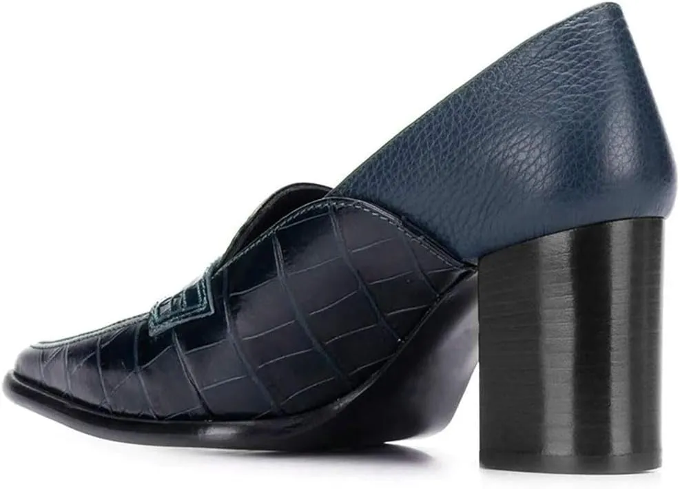 FOWT Ladies Chic Crocodile Loafers High Block Heel Slip On Pumps Woman Patchwork Textured Shoes for Meeting Career and Office Size US 4-16