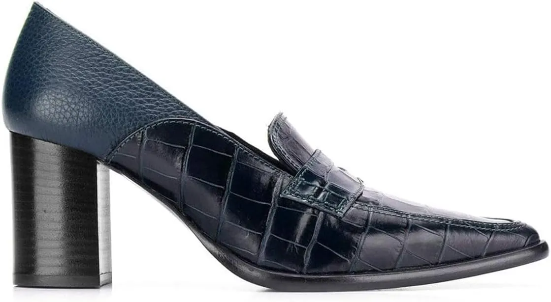 FOWT Ladies Chic Crocodile Loafers High Block Heel Slip On Pumps Woman Patchwork Textured Shoes for Meeting Career and Office Size US 4-16