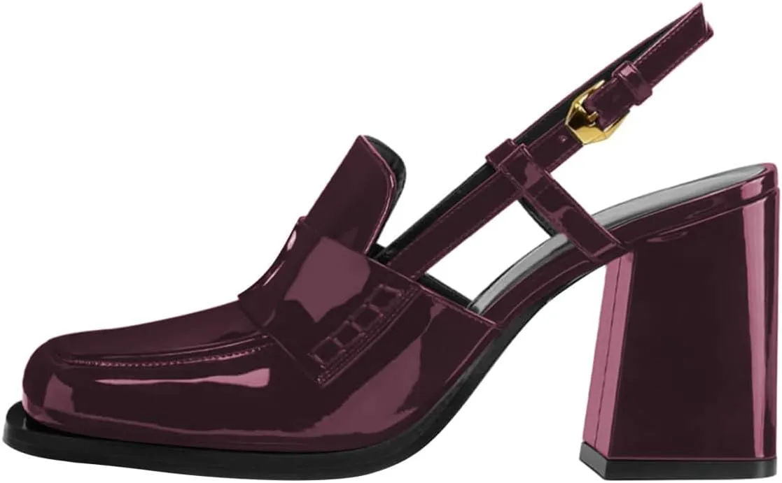 FOWT Women Platform Square Toe Loafers Chunky High Heel Slingback Pumps Slip on Daily Street Shoes Size 4-16 US