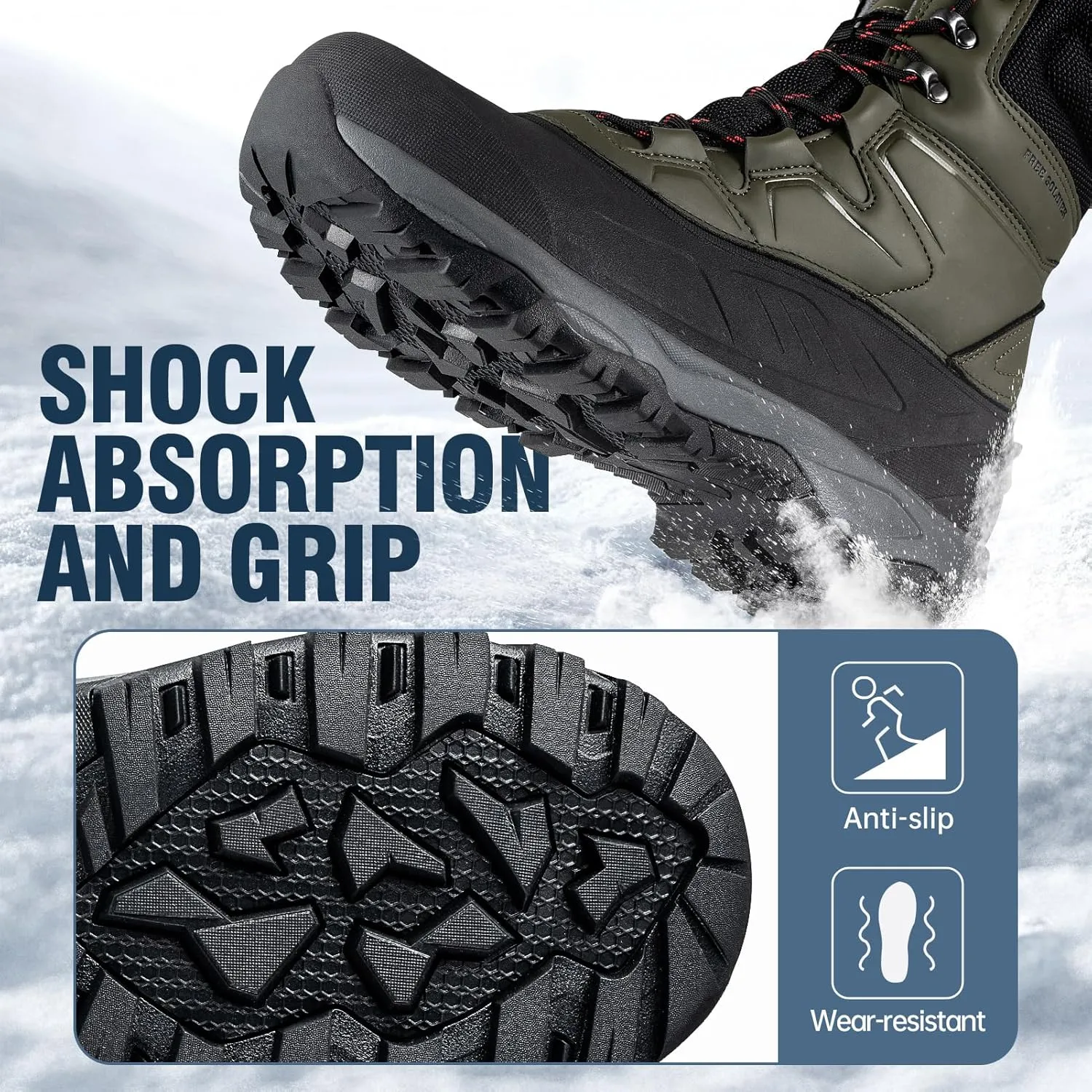 FREE SOLDIER Snow Boots for Men Winter Waterproof Non-slip Flock Outdoor Hiking Work Boots