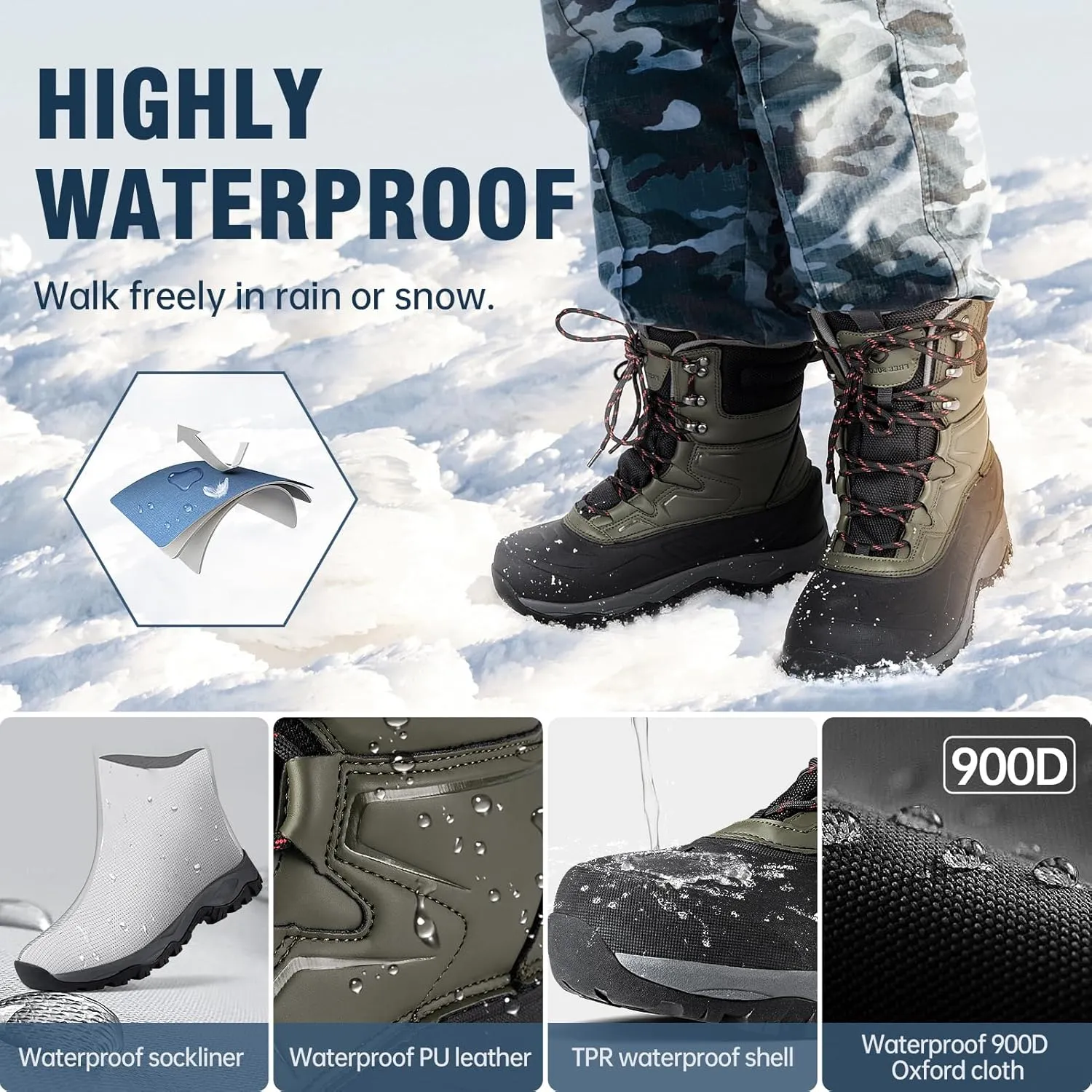 FREE SOLDIER Snow Boots for Men Winter Waterproof Non-slip Flock Outdoor Hiking Work Boots
