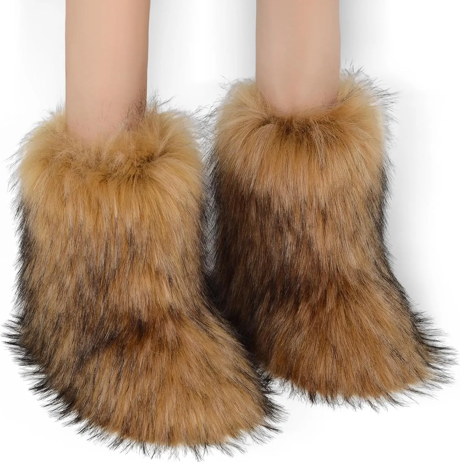 Fur Boots Warm Women's Faux Fur Boot Furry Short Snow Boot Mid-Calf Boots Outdoor Flat Shoes