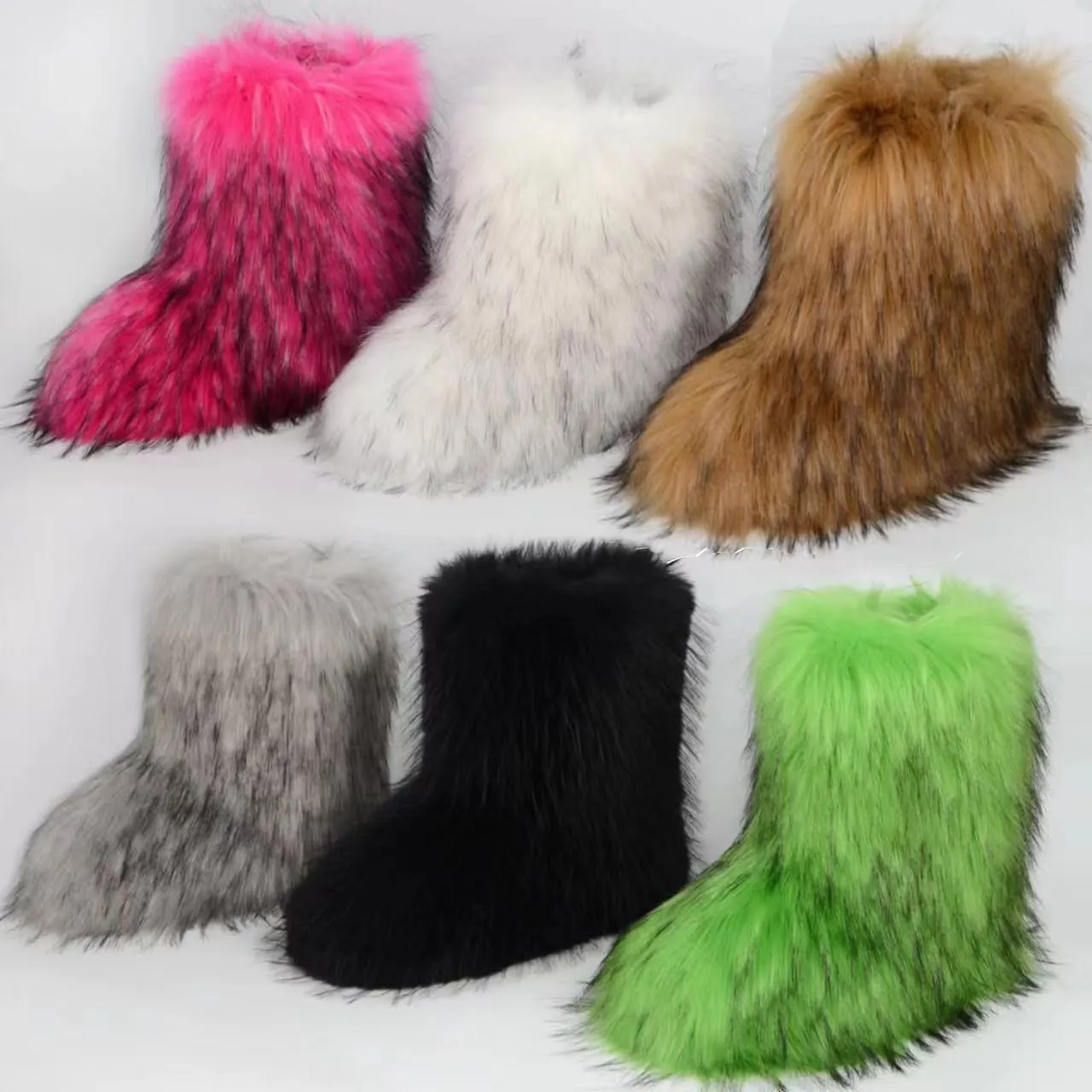Fur Boots Warm Women's Faux Fur Boot Furry Short Snow Boot Mid-Calf Boots Outdoor Flat Shoes