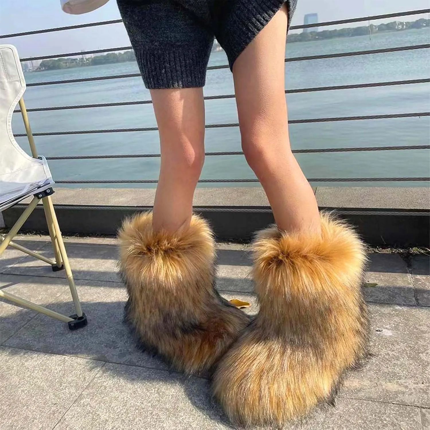 Fur Boots Warm Women's Faux Fur Boot Furry Short Snow Boot Mid-Calf Boots Outdoor Flat Shoes