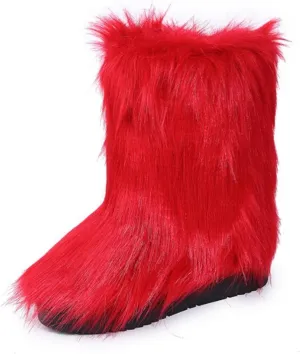 Furry Faux Fur Boots for Women Outdoor Flat Shoes Winter Warm Fuzzy Fluffy Furry Ankle Boots Mid Calf Snow Booties
