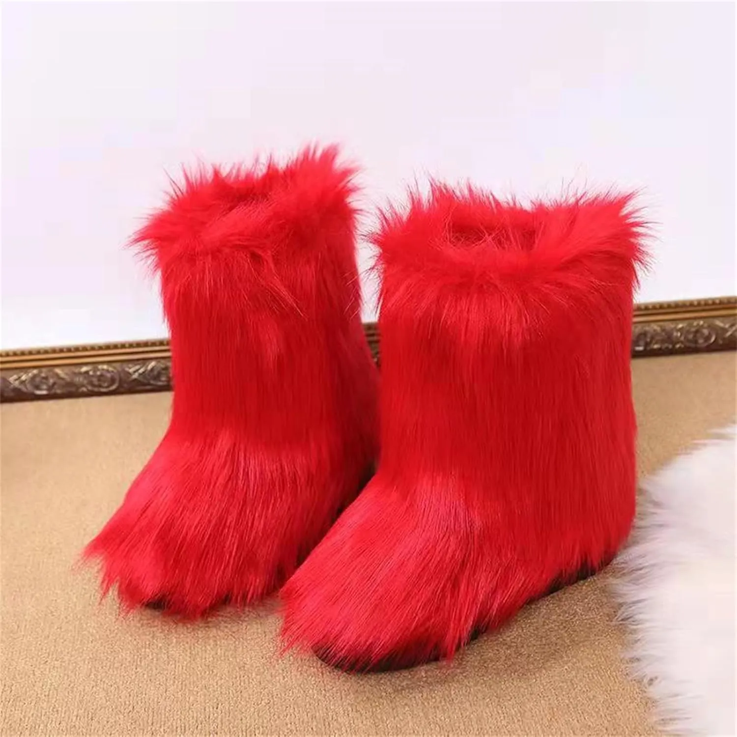 Furry Faux Fur Boots for Women Outdoor Flat Shoes Winter Warm Fuzzy Fluffy Furry Ankle Boots Mid Calf Snow Booties