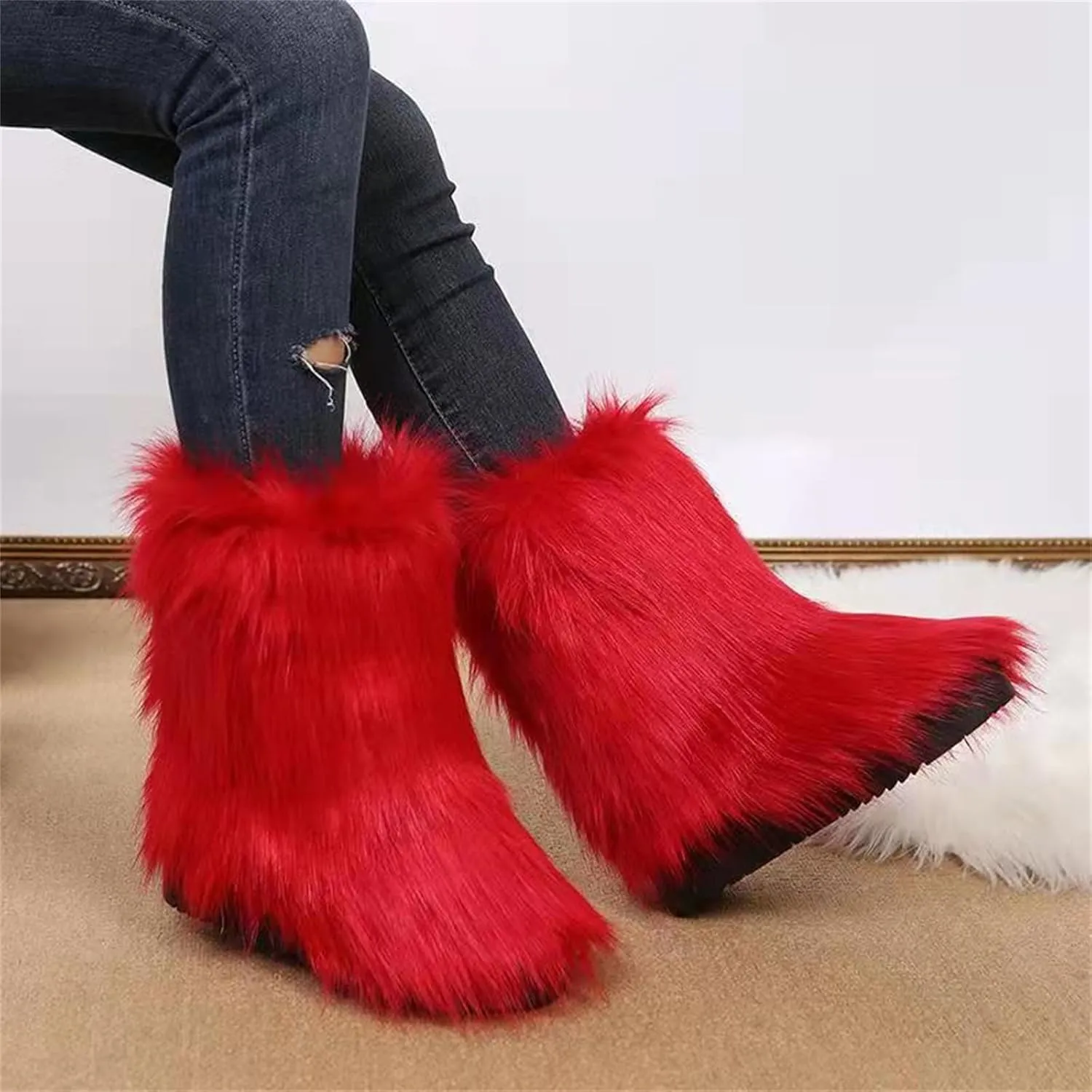 Furry Faux Fur Boots for Women Outdoor Flat Shoes Winter Warm Fuzzy Fluffy Furry Ankle Boots Mid Calf Snow Booties